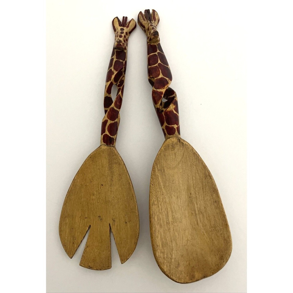 Giraffe Serving Salad Tongs Hand Carved Wood Animal Print 11" Large Fork/Spoon